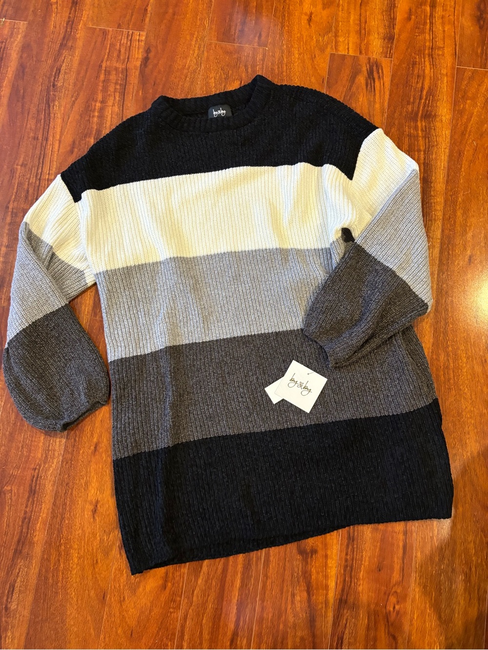 by & by Colorblock Ribbed Long Sleeve Sweater Dress in Black, White & Gray